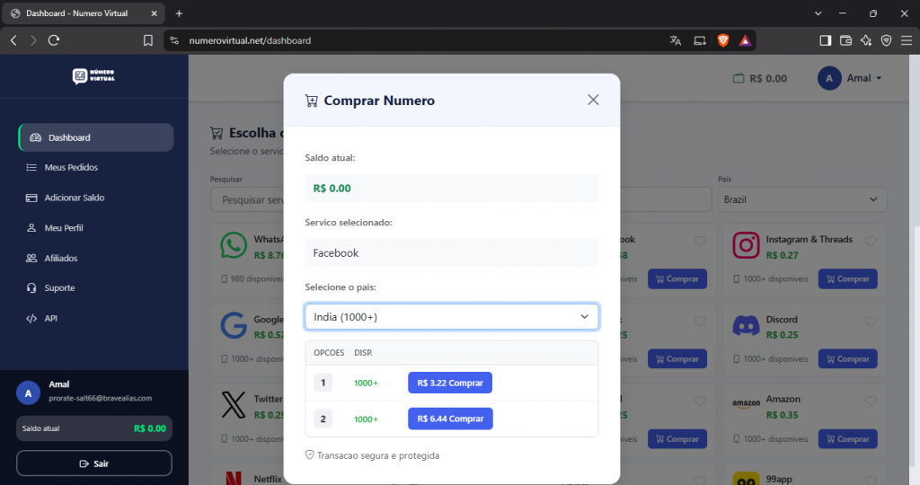 NumeroVirtual.net Dashboard country selection window